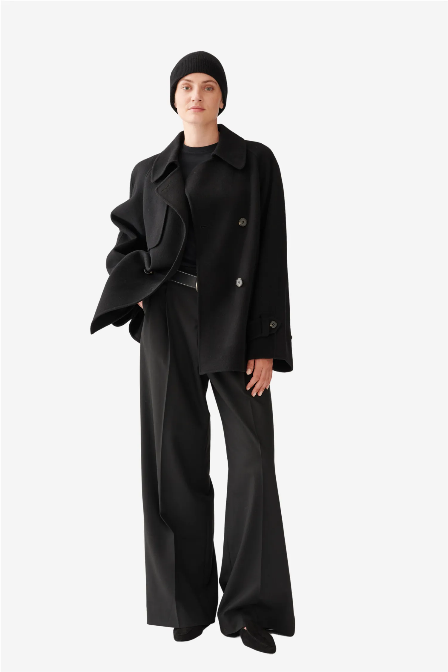 Double Faced Wool Short Trench Black