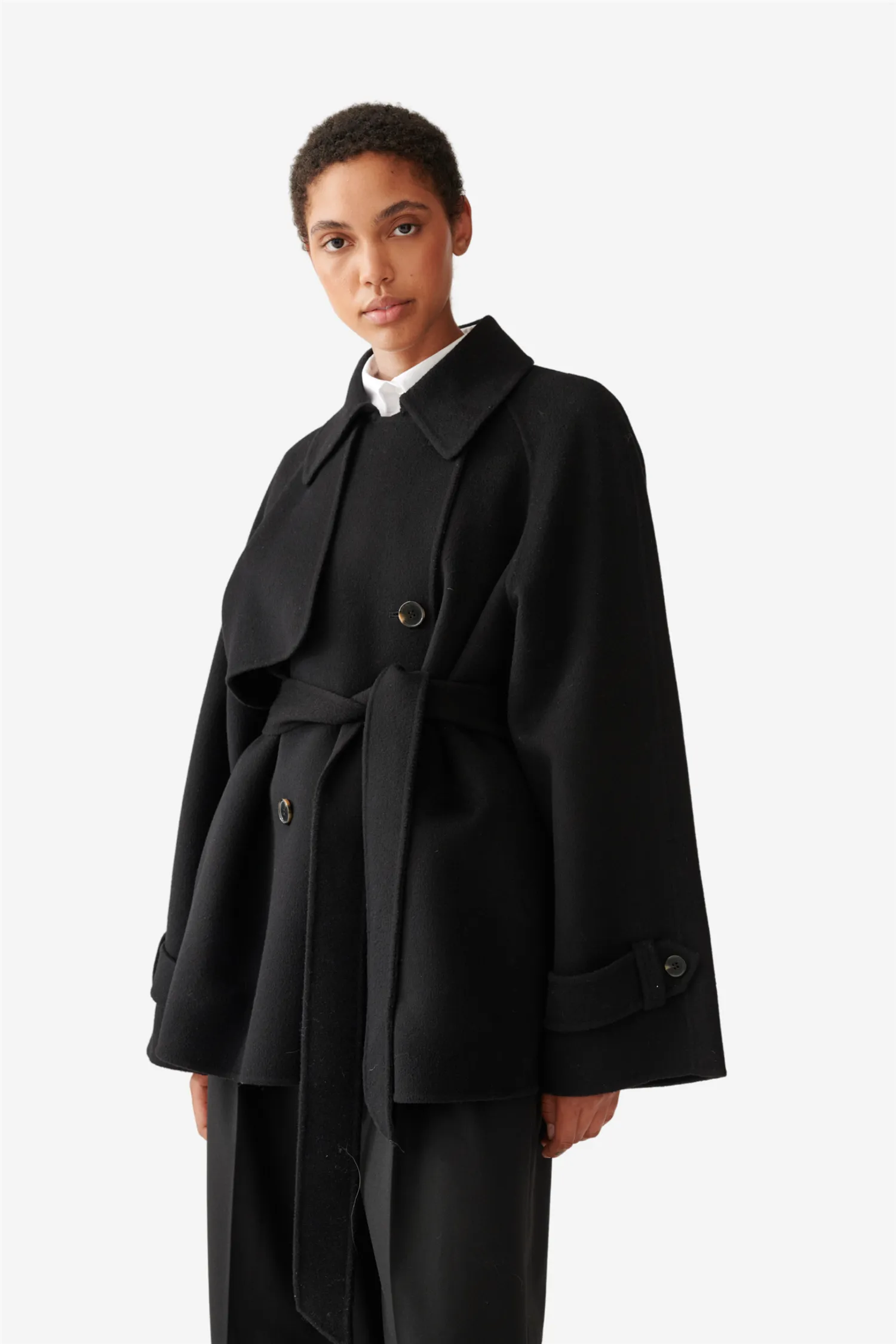 Double Faced Wool Short Trench Black