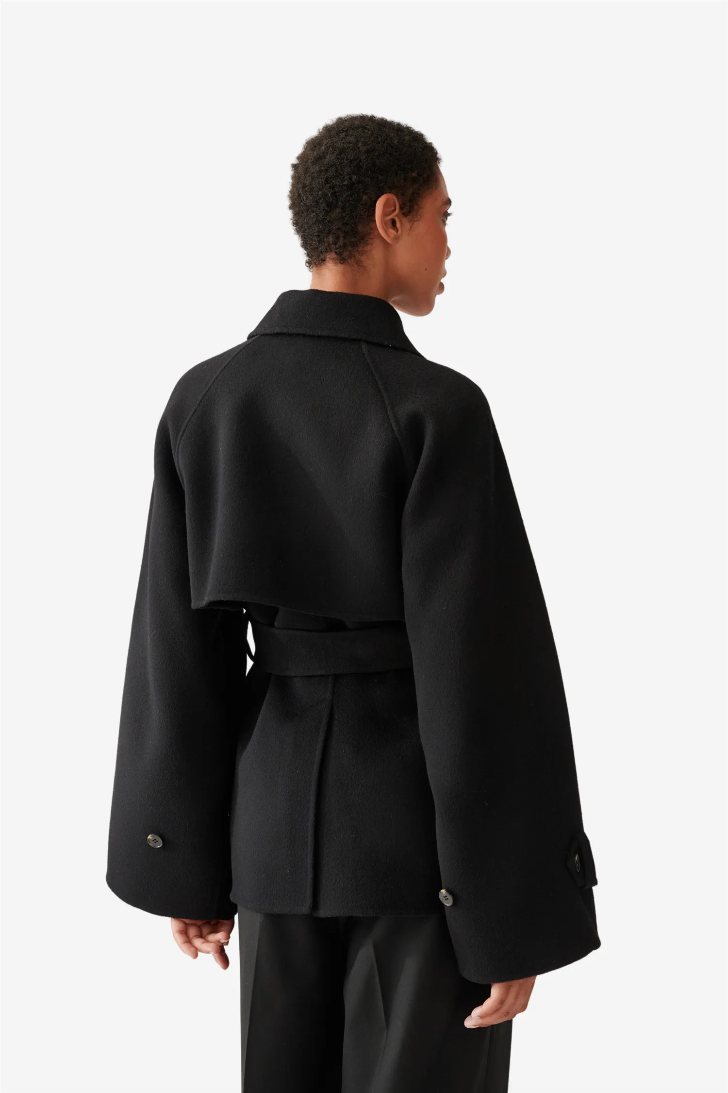 Double Faced Wool Short Trench Black