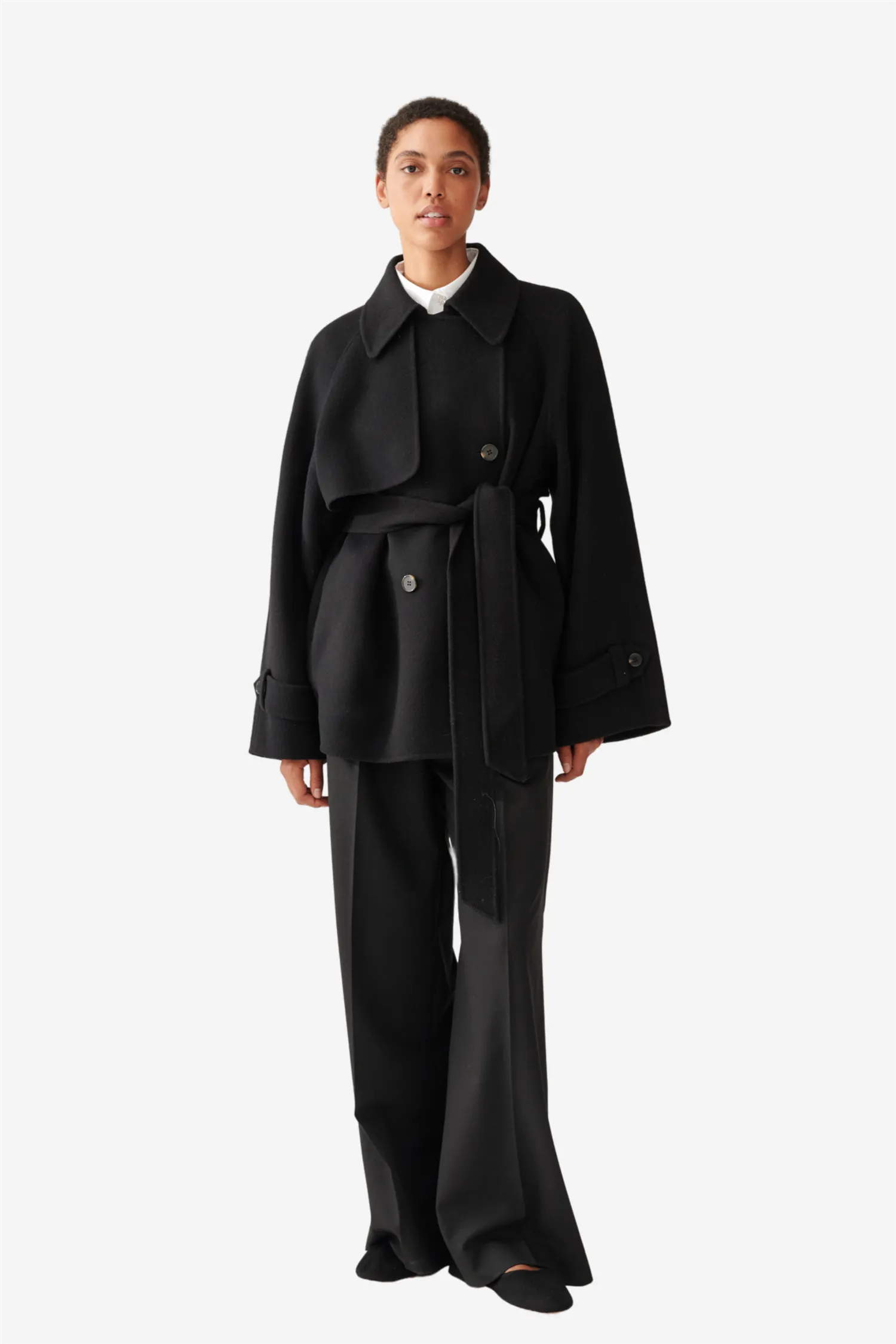 Double Faced Wool Short Trench Black