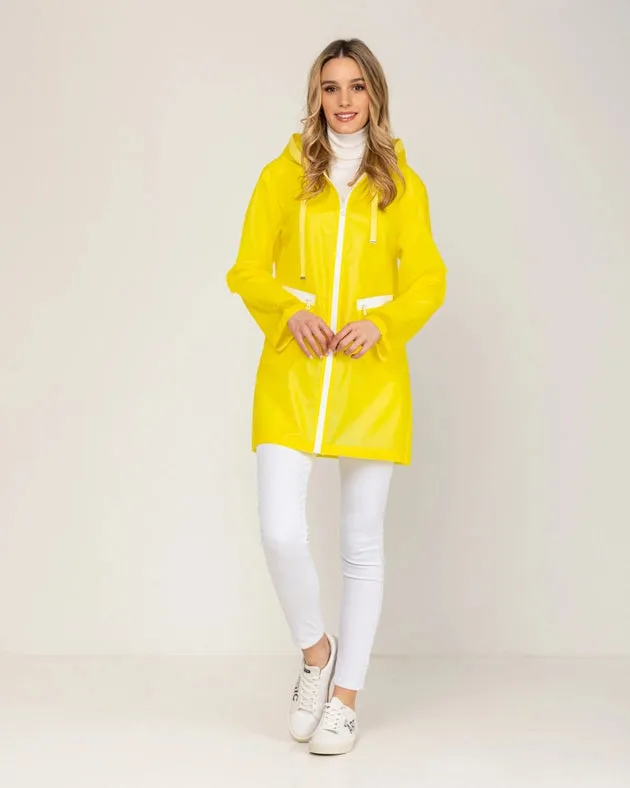 Long Waterproof Raincoat With Hood, Zip And Pockets Yellow