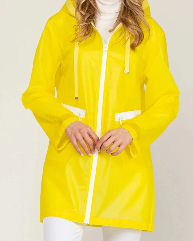 Long Waterproof Raincoat With Hood, Zip And Pockets Yellow