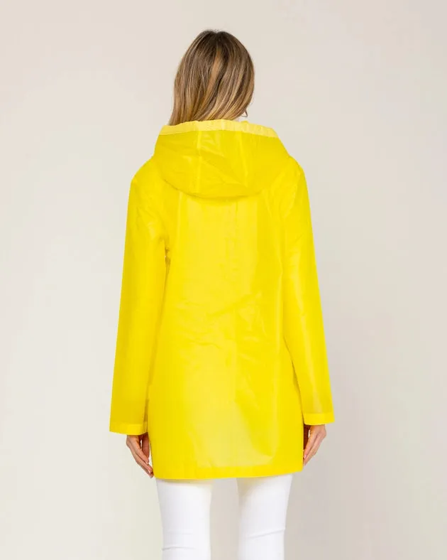 Long Waterproof Raincoat With Hood, Zip And Pockets Yellow