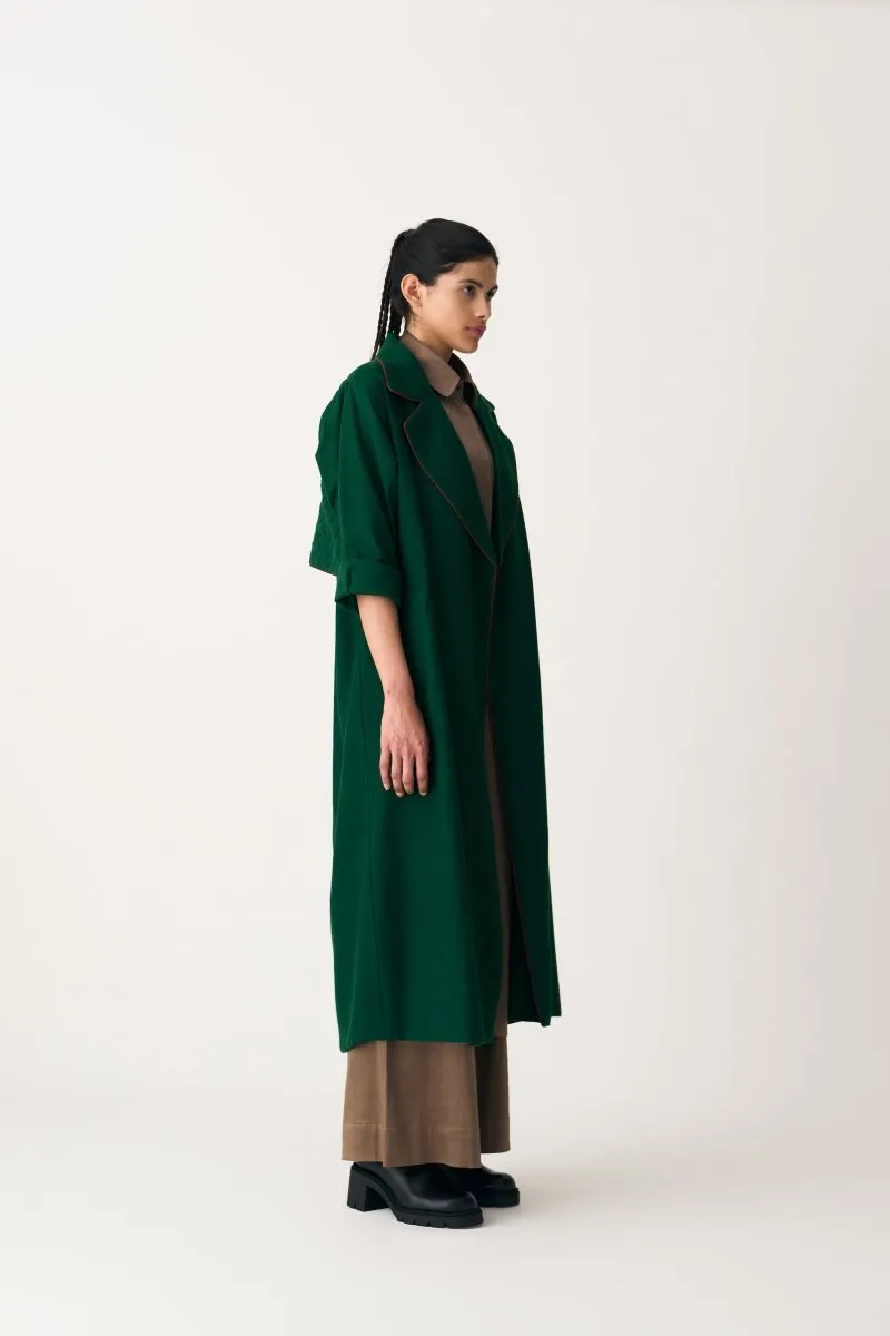 Notch Collar Woollen Trench Overlay - Emerald Green