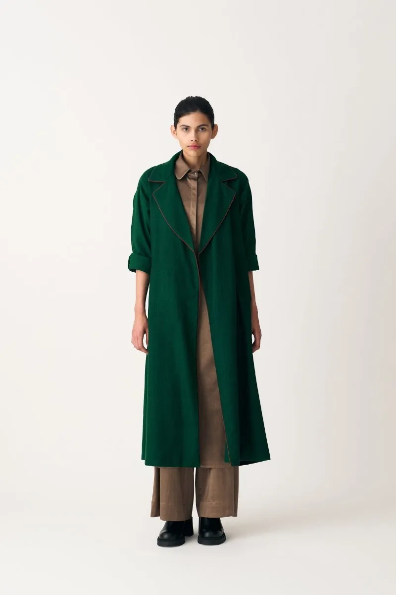 Notch Collar Woollen Trench Overlay - Emerald Green