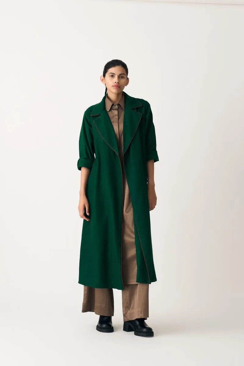 Notch Collar Woollen Trench Overlay - Emerald Green