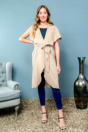 Pinstripe Duster Cardigan with Wide Collar, Waist Tie and Rounded Hem (SJ4152)