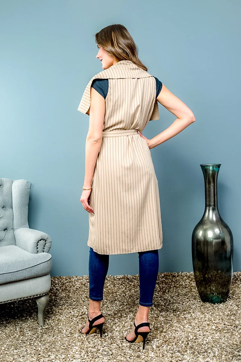 Pinstripe Duster Cardigan with Wide Collar, Waist Tie and Rounded Hem (SJ4152)
