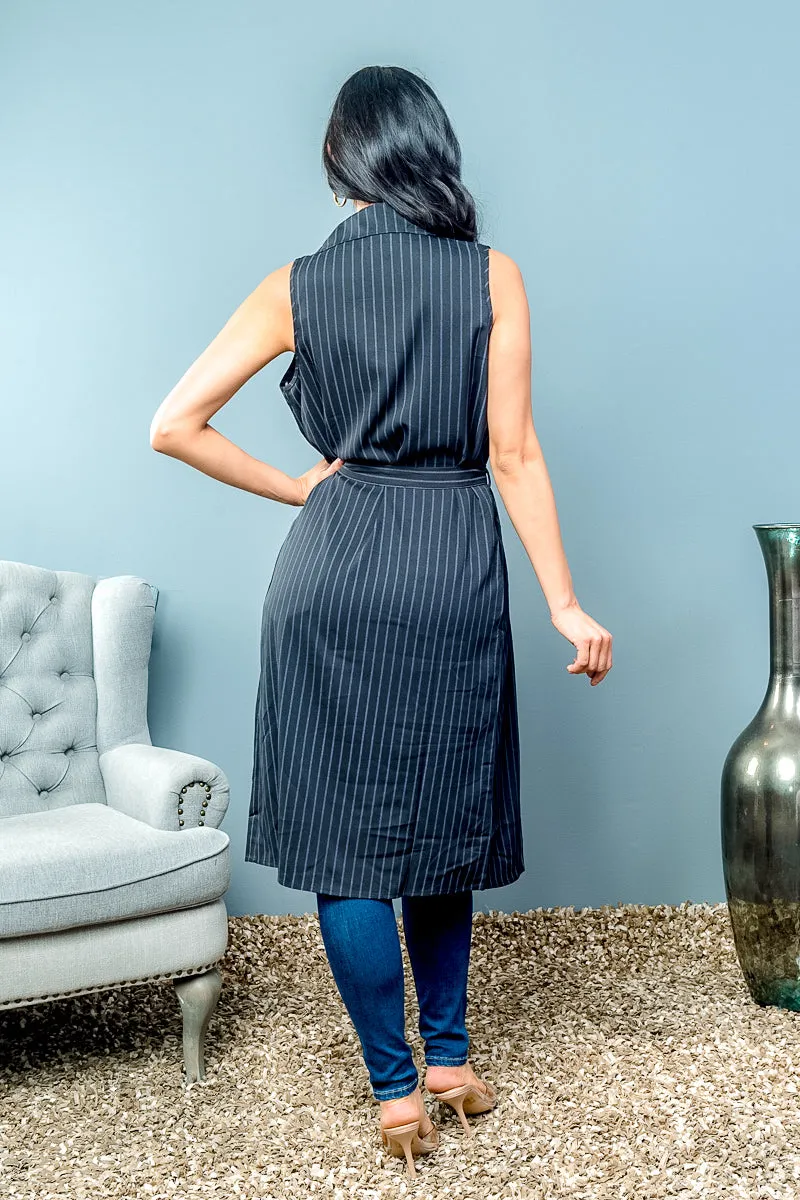 Pinstripe Duster Cardigan with Wide Collar, Waist Tie and Rounded Hem (SJ4152)