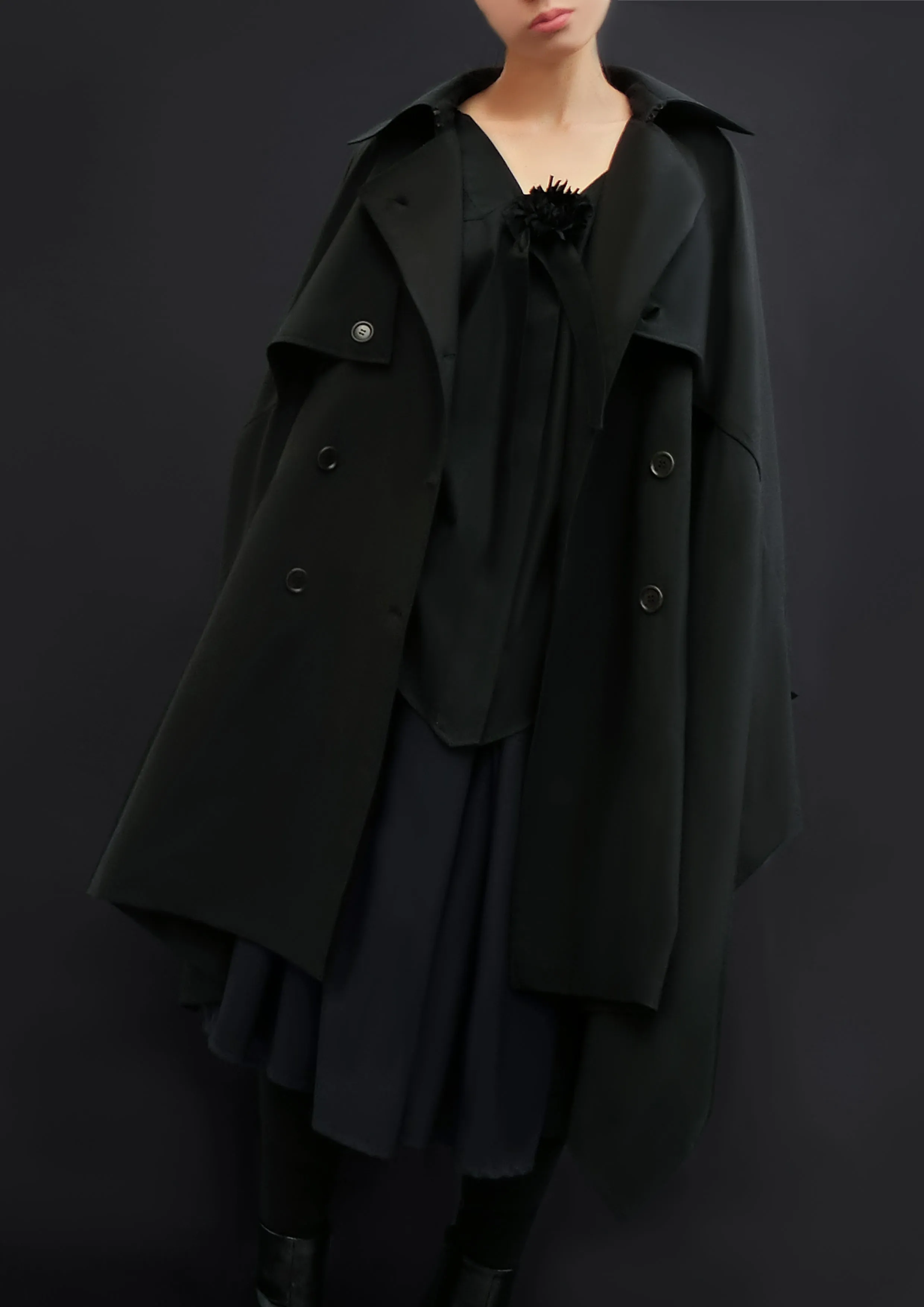 Virgin Wool Trench Cape / Black